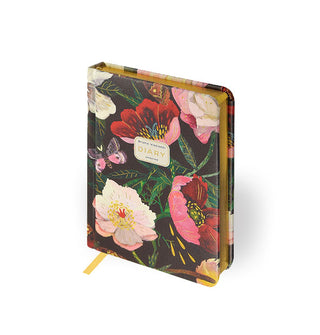 Journal hardcover with pink and white peonies and butterflies on a dark background features gilded page edges and a gold ribbon bookmark extending from the bottom