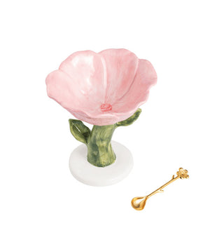 Hand-painted ceramic pink flower pedestal dish with accompanying gold spoon