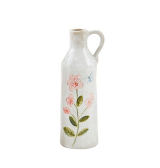 Tall white stem vase with handle features hand-painted pink flower and butterfly design