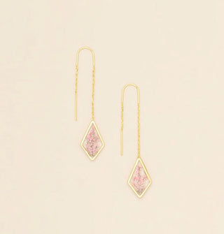 Pair of gold threader earrings with a diamond-shaped dangle containing resin-encased pressed pink lacy flowers
