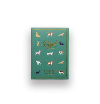 Green box of Dogs! Playing Cards features small dog illustrations accented by gold foil