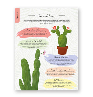 Page from Please Don't Die features a section titled, "Tips and Pricks" about cacti with illustrations and spot-color accents