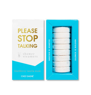 Blue and white box of Please Stop Talking Shower Steamers with lid removed to show contents