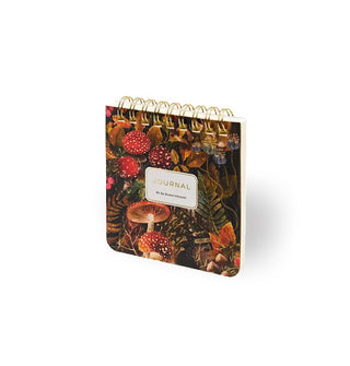 Small square spiral-bound journal with a dark cover featuring intricate, colorful mushroom designs
