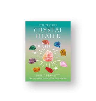 Blue-to-green ombré cover of The Pocket Crystal Healer by Philip Permutt features illustrations of various crystals around a central stone, all accented with white radiant lines and stars