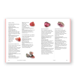 Page spread from The Pocket Crystal Healer features a section that highlights Pink Opal, Rhodochrosite, Strawberry Quartz, Rhodonite, and Smithsonite with accompanying illustrations