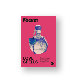 Pink cover of The Pocket Love Spells: Modern Magic to Brig Love Into Your Life features central image of a rounded purple bottle with heart-shaped charm hanging from its cap