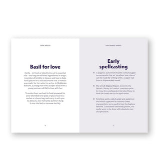 Page spread from The Pocket Love Spells features sections titled, "Basil for Love" and "Early Spellcasting"