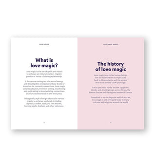 Page spread from The Pocket Love Spells features sections titled, "What is Love Magic?" and "The History of Love Magic"