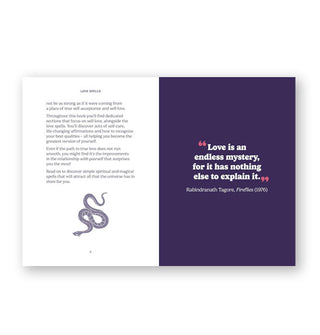 Page spread from The Pocket Love Spells features a small snake illustration below text alongside the quote, "Love is an endless mystery for it has nothing else to explain it."