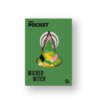 Green cover of The Pocket Wicked Witch with central illustration of Elphaba's and Glinda's hands connecting in front of the Yellow Brick Road and Emerald City inside a witch's hat outline