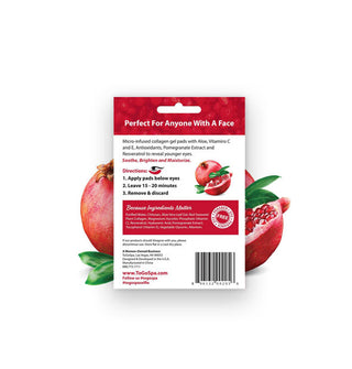 Reverse side of ToGoSpa Pomegranate Under-Eye Masks flanked by pomegranates and leaves