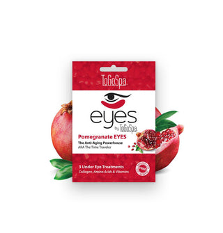 Red and white packet of 3 pairs of ToGoSpa Pomegranate Under-Eye Treatments flanked by pomegranates and leaves