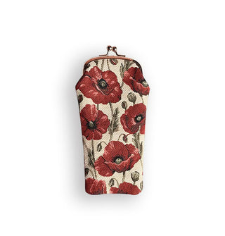 Fabric eyeglass pouch with gold kisslock frame and hardware features red poppy print