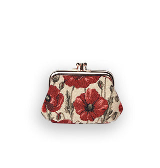 Fabric change purse with gold kisslock frame and hardware features red poppy print