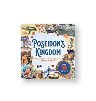 Cover of Poseidon's Kingdom: An Astonishing Oceanic Sticker book features ocean-themed images along its edges encircling the title