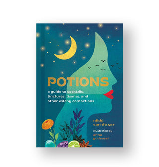 Blue cover of Potions: A Guide to Cocktails, Tinctures, Tisanes, and Other Witchy Concoctions features a woman's profile accented with a crescent moon, stars, birds in flight, and colorful flowers around her neck