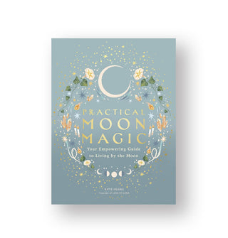Blueish-gray cover of Practical Moon Magic features a floral and celestial title border design accented with gold foil stars