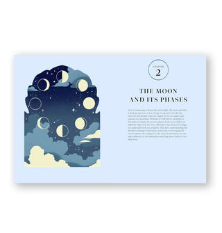 Page spread from Practical Moon Magic features an introduction to Chapter 2, titled, "The Moon and Its Phases" alongside a corresponding illustration of the moon in various phases among clouds and stars