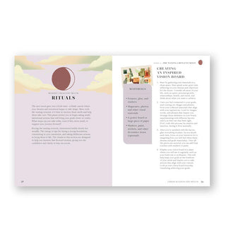 Page spread from Practical Moon Magic features sections titled, "Waxing Crescent Moon Rituals" and "Creating an Inspired Vision Board"