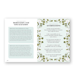 Page spread from Practical Moon Magic features sections titled, "Third Quarter Moon Meditation and Visualization" and "Third Quarter Moon Affirmations"