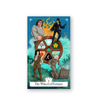 The Wheel of Fortune tarot card inspired by the movie The Princess Bride features an illustration of Fezzik, Westley (or Dread Pirate Roberts), Inigo Montoya, and The Albino encircling a wheel with natural symbols in its spaces and surrounded by water and flames