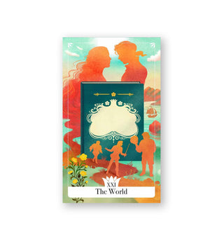 The World tarot card inspired by the movie The Princess Bride features illustrated orange silhouettes of Buttercup and Westley facing one another, and their friends below in front of an enlarged book