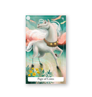 The Page of Coins tarot card inspired by the movie The Princess Bride features an illustration of a white horse