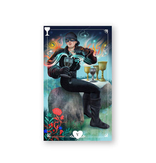 A tarot card inspired by the movie The Princess Bride features an illustration of Westley as the Dread Pirate Roberts sitting on a boulder poisoning a drink