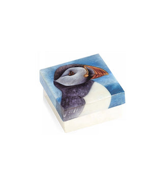 Square box with painted puffin profile on its lid