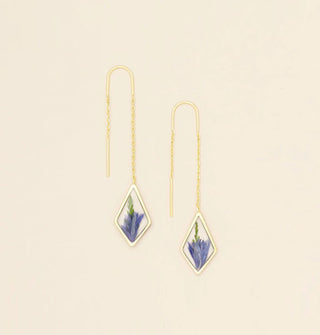 Pair of gold threader earrings with a diamond-shaped dangle containing resin-encased pressed purple cornflowers and green leaves