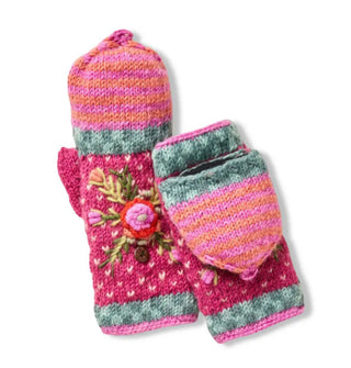 Pair of convertible mittens feature colorful jacquard knit in a predominantly pink color palette with raised floral embroidery accents