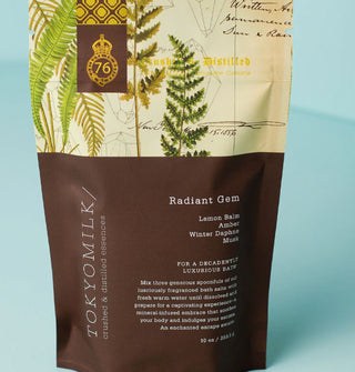 Tokyo Milk Radiant Gem bath salts bag is printed with its key fragrance notes: Lemon Balm, Amber, Winter Daphne, Musk