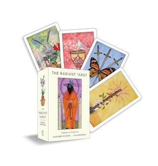 Box and four-card sample spread of The Radiant Tarot, featuring colorful illustrations of animals in the classic tarot format