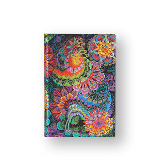 Journal cover features a vibrantly colorful print of floral, feathery, geometric swirls and paisleys
