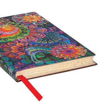 Colorful, psychedelic journal with red ribbon bookmark and page edge printing