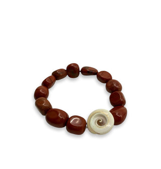 Polished red jasper gemstone bracelet with one accent spiral shell
