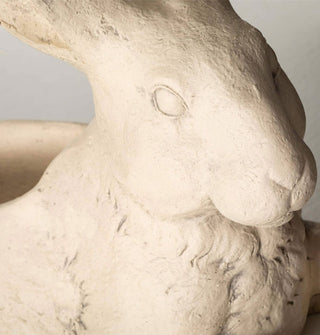 Closeup of the facial details on a white, rustic hare planter pot