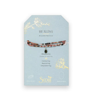 Rhodonite beaded Healing Bracelet/Necklace with central teardrop stone wrapped three times around a gold foil detailed product card