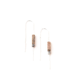 Pair of threader earrings with square and rectangular rhodonite stones on silver chain