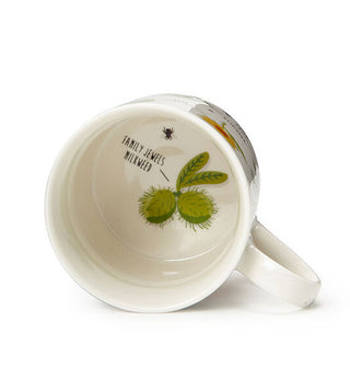 White coffee mug turned on its side reveals a plant illustration in the bottom labeled, "Family Jewels Milkweed"