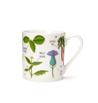 White coffee mug features plant illustrations labeled with their humorous names (Shagbark Hickory, Shaggy Soldier, Sausage Tree, Virgin Thistle)