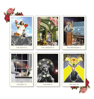 Six sample cards from The Rosebud Tarot deck feature intricate collage artwork and are flanked by red and pink roses at top left and bottom right corners