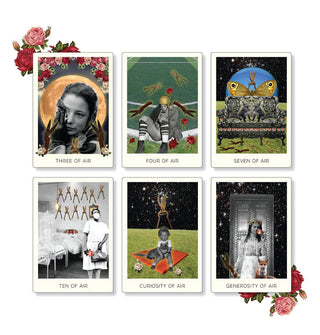Six sample cards from The Rosebud Tarot deck feature intricate collage artwork and are flanked by red and pink roses at top left and bottom right corners