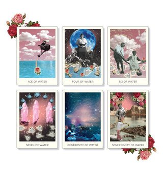 Six sample cards from The Rosebud Tarot deck feature intricate collage artwork and are flanked by red and pink roses at top left and bottom right corners