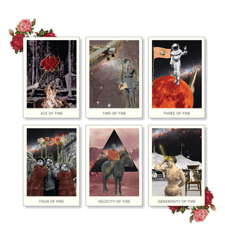 Six sample cards from The Rosebud Tarot deck feature intricate collage artwork and are flanked by red and pink roses at top left and bottom right corners