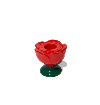 Ceramic taper candle holder designed to resemble a blooming red rose with green base