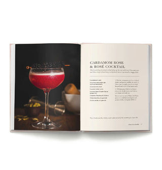 Page spread from Rosé Cocktails features a recipe for a Cardamom Rose & Rosé Cocktail alongside a staged photograph of the drink