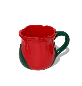 Ceramic mug designed to resemble a red rose with green leaf accents and a green handle representing a stem