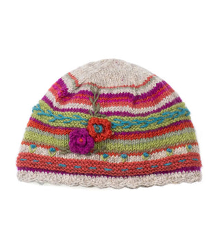 Beige, purple, green, and red striped beanie with a scalloped edge and textural flower and leaf details
